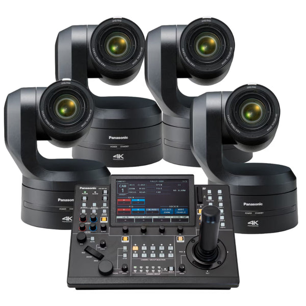 Panasonic 4x AW-UE150A PTZ camera in black with AW-RP150 controller, showing the professional broadcast camera setup – image 1