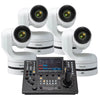 Panasonic 4x AW-UE150A PTZ camera with white body and AW-RP150 controller for professional video streaming and broadcasting.