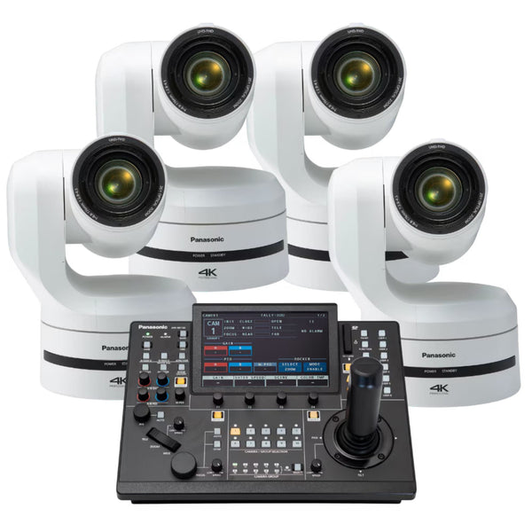 Panasonic 4x AW-UE150A PTZ camera with white body and AW-RP150 controller for professional video streaming and broadcasting. – image 1