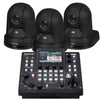 Panasonic 3x AW-UE50 PTZ camera in black with AW-RP60 remote controller for professional video streaming and broadcasting.