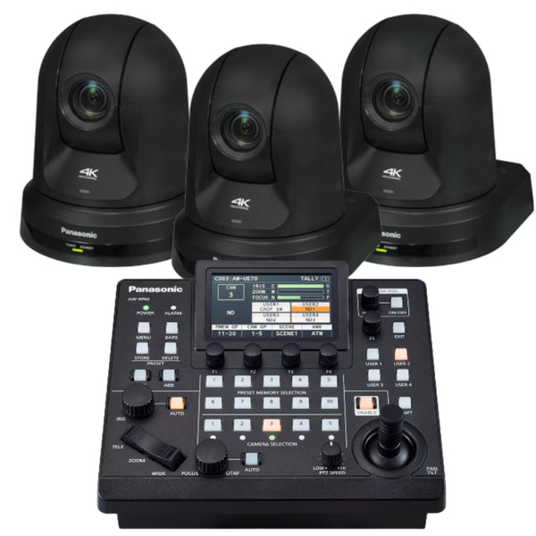 Panasonic 3x AW-UE50 PTZ camera in black with AW-RP60 remote controller for professional video streaming and broadcasting. – image 1