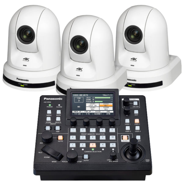 Panasonic 3x AW-UE50 white PTZ camera with AW-RP60 controller for professional video streaming and broadcasting. – image 1