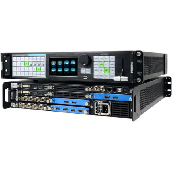 RGBLINK D6 4K professional video switcher and scaler showing front and rear view with multiple input and output ports – image 1