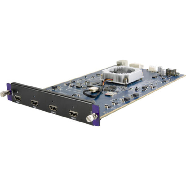 Front view of the RGBLINK Quad HDMI 2.0 Input Module for X8, a compact black device with multiple HDMI ports for video input. – image 1