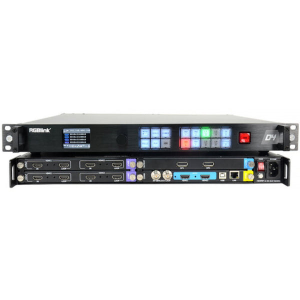 RGBlink Dual 12G-SDI Output Module for D4 showing front and rear views, with multiple SDI output ports and connection interfaces. – image 1
