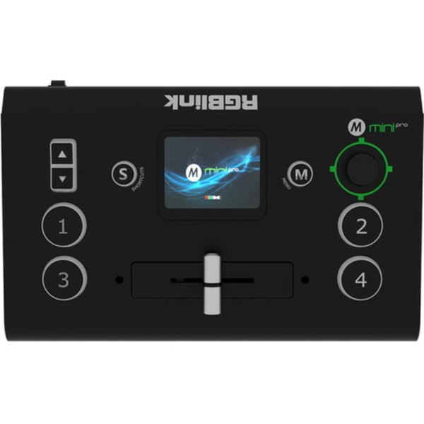 Top view of RGBLINK mini-pro 2 dual channel production streaming switcher with buttons and input ports visible. – image 1