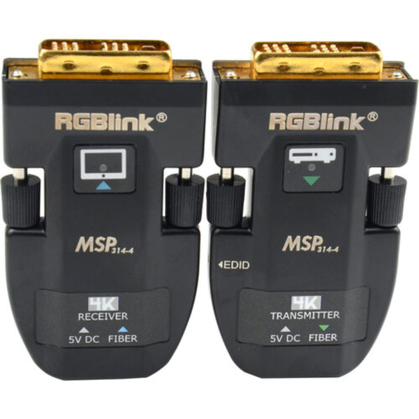 RGBLINK MSP 314-4 4K30 DVI to optical fiber extender set showing front view with two units connected for high-resolution video transmission – image 1