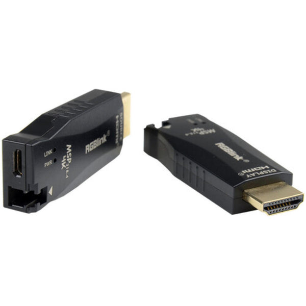 RGBLINK MSP 318-4 4K60 HDMI to optical fiber extender set with two units, front view showing HDMI and fiber ports. – image 1