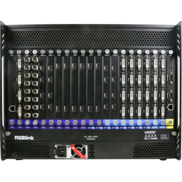 Rear view of RGBLINK Q16pro 8U Universal Processor multiviewer with multiple input connections and control panel. – image 2