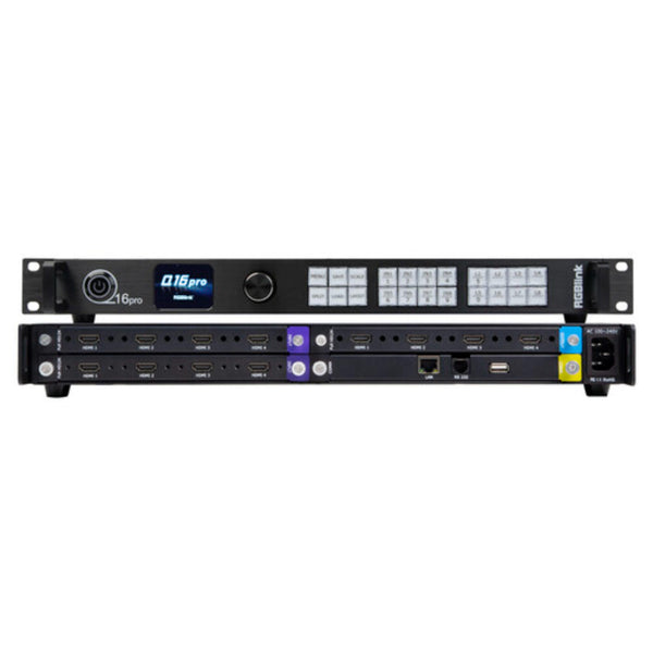 RGBLINK Q16pro Gen2 1U 4K Multiviewer Processor with front and rear view, showcasing multi-layer video wall splicing capabilities. – image 1