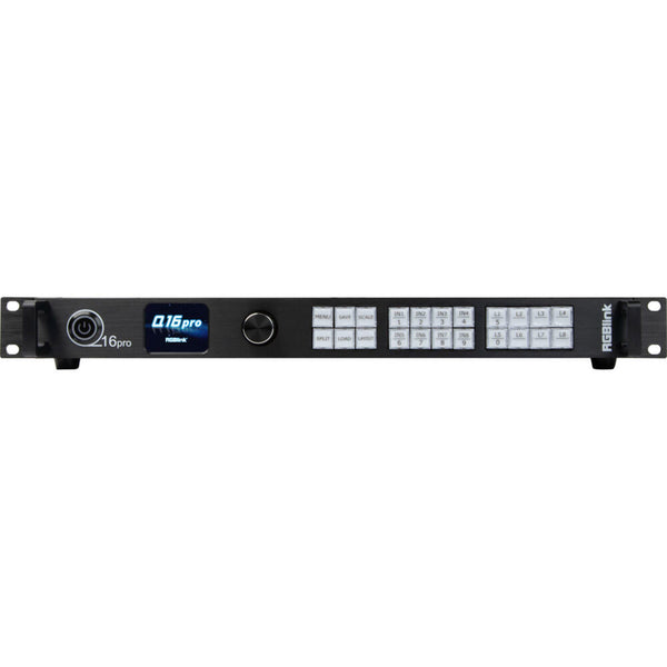 Front view of the RGBLINK Q16pro Gen2 1U 4K multilayer video wall splicing processor in a server rack. – image 1