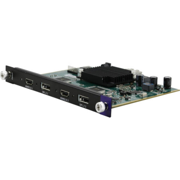 Front view of RGBlink Dual DisplayPort 1.2 and HDMI 2.0 input module for Q16pro video switcher, showing ports and connectors. – image 1