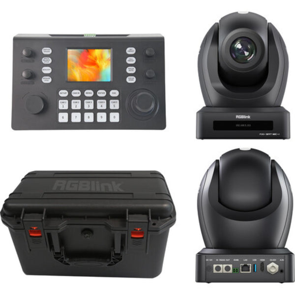 RGBlink Vue 4K 20x PTZ production camera bundle with two cameras, PTZ controller, and carrying case for professional video production. – image 1
