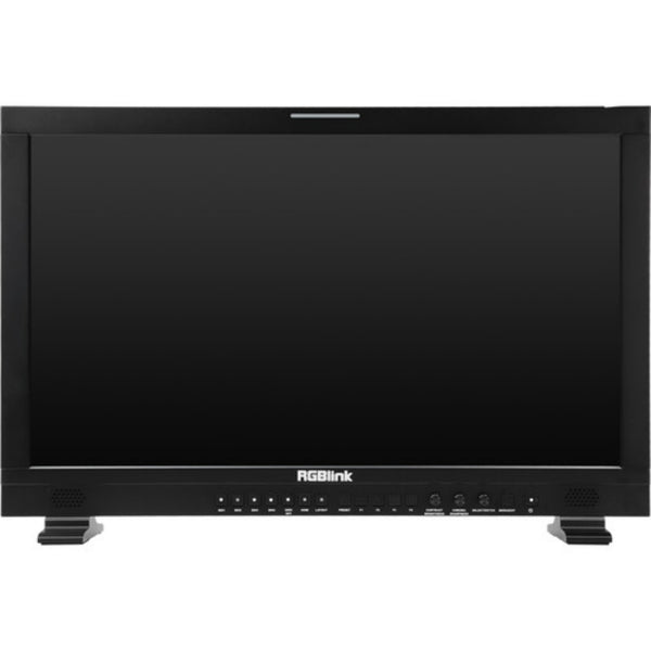 RGBlink aura UHD 24" 12G-SDI professional production monitor with a gold mount, showcasing front view design and display.