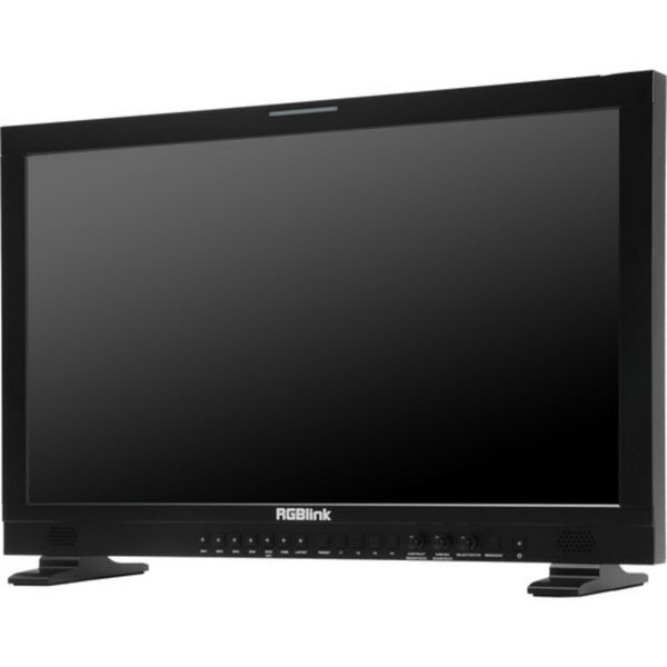 RGBlink 27" UHD 12G-SDI professional production monitor with gold mount, showcasing left side view and sleek design.
