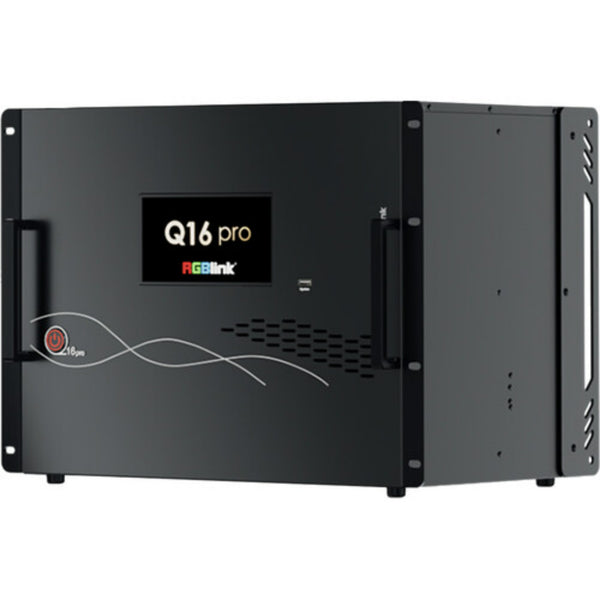 RGBlink Q16pro Gen2 mediahub, 8 RU multiviewer processor with multiple video inputs and outputs for video wall setups.