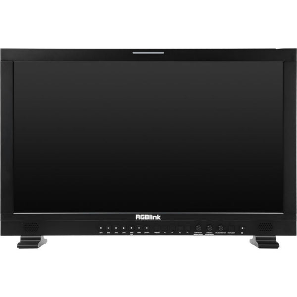 RGBlink Aura UHD 24-inch 12G-SDI professional video monitor with gold mount, front view showing screen and control panel. – image 1