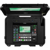 Open case showing RGBlink mini-edge-4S portable HDMI/SDI video switcher with control panel and input ports.