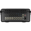RGBlink mini-edge-4S portable video switcher in a case, angled rear view showing HDMI and SDI input ports and controls.