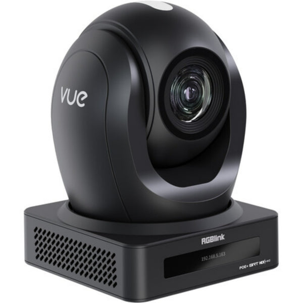 RGBlink PTZ camera featuring AI dynamic tracking and 20x optical zoom, viewed from the left with a tally light.