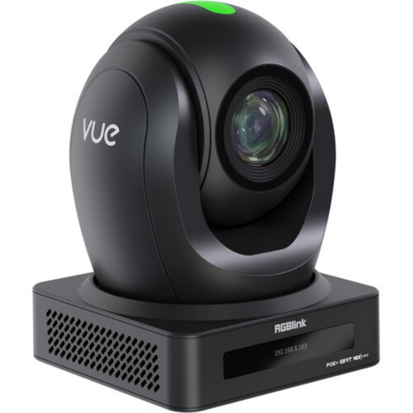 RGBlink Vue PTZ Camera with 20x optical zoom, AI dynamic tracking, angled front view, featuring display panel and adjustable lens. – image 4