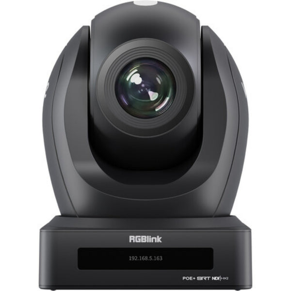 RGBlink PTZ camera featuring AI dynamic tracking and 20x optical zoom, showcasing front view and lens detail.