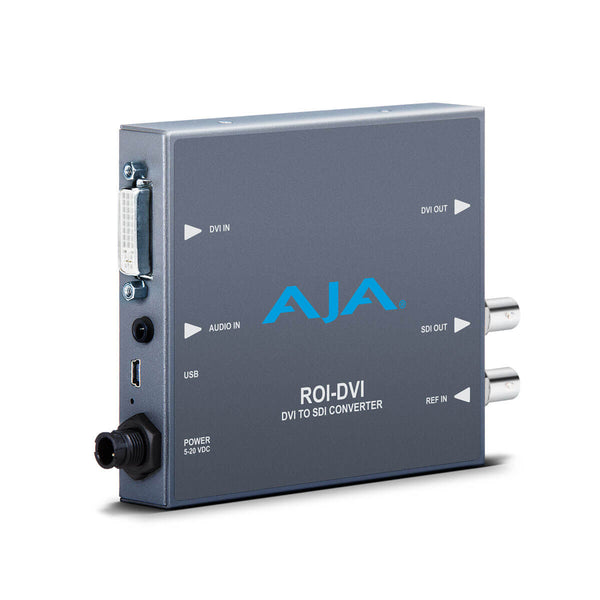 AJA ROI DVI to 3G-SDI video converter showing the left side with DVI input port and connection ports. – image 1