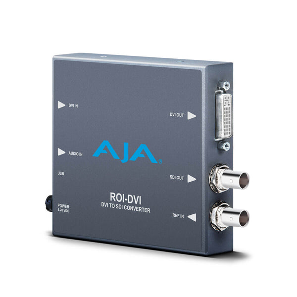 AJA ROI DVI to 3G-SDI video converter showing the right side with input and output ports on a sleek black device. – image 2