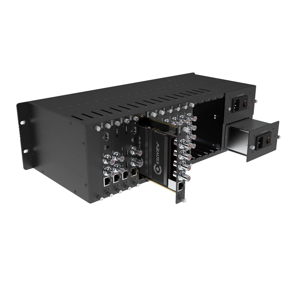 Kiloview RU03S 32-channel rackmount frame with dual 300W power supplies, designed for streaming encoder cards. – image 2