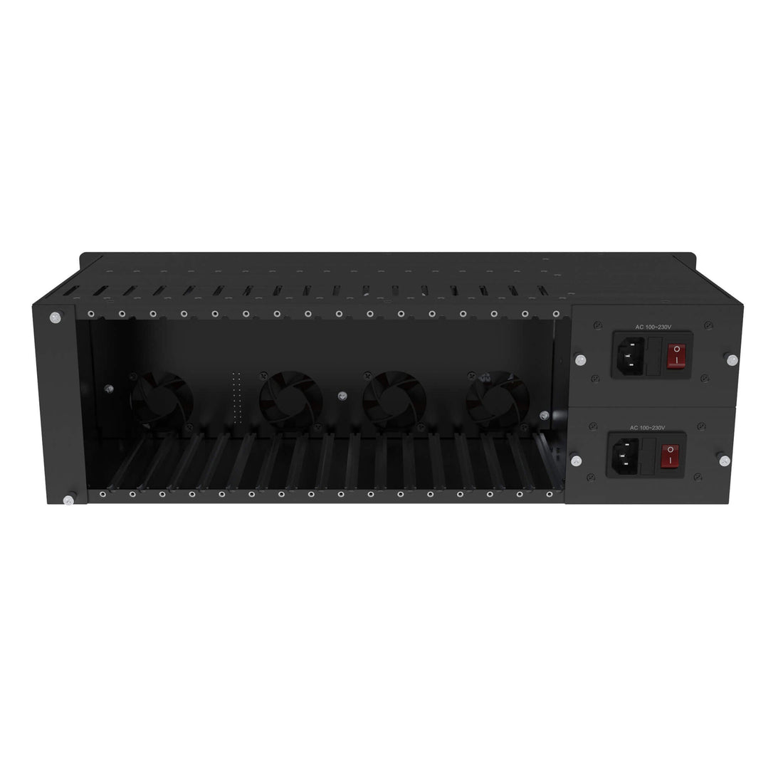 Rear view of Kiloview RU03S 32-channel rackmount streaming encoder frame with dual 300W power supplies, 3RU size. – image 1