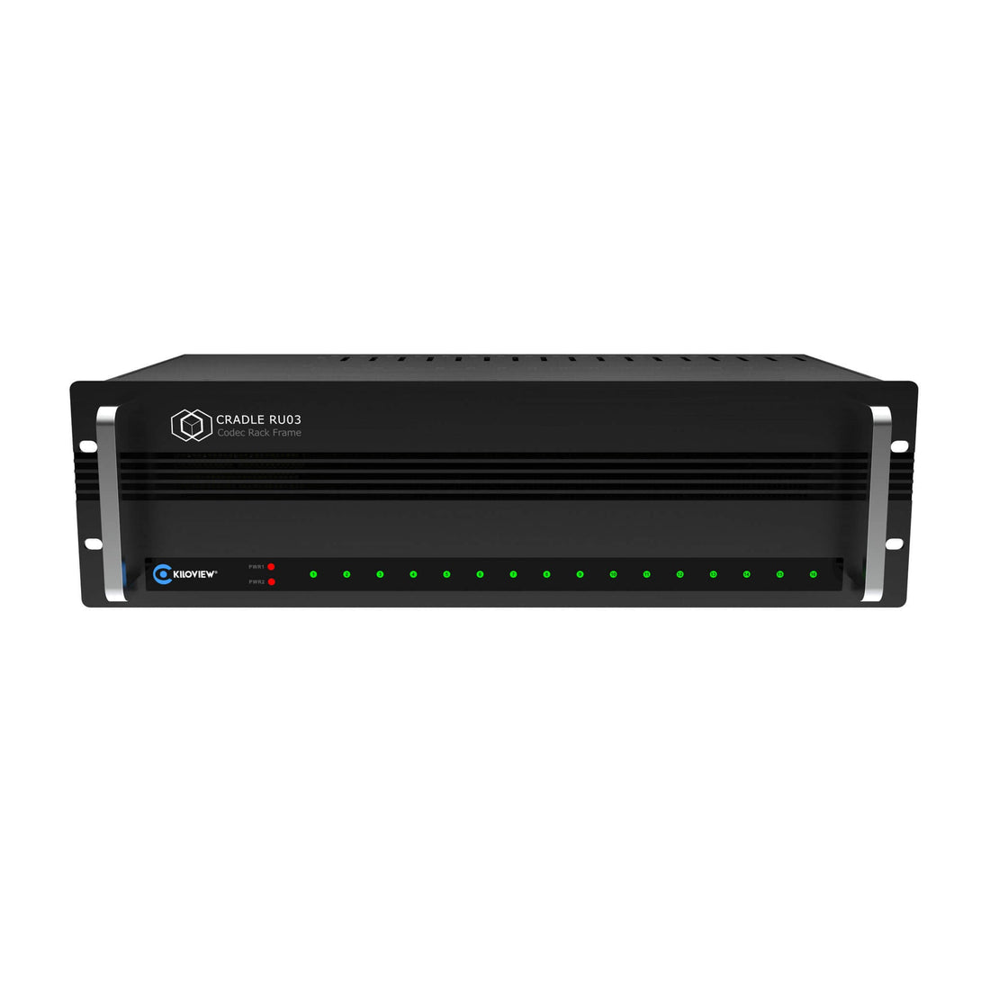 Kiloview RU03S 32-channel rackmount streaming encoder with dual 300W power supplies, 3RU frame, front view. – image 5