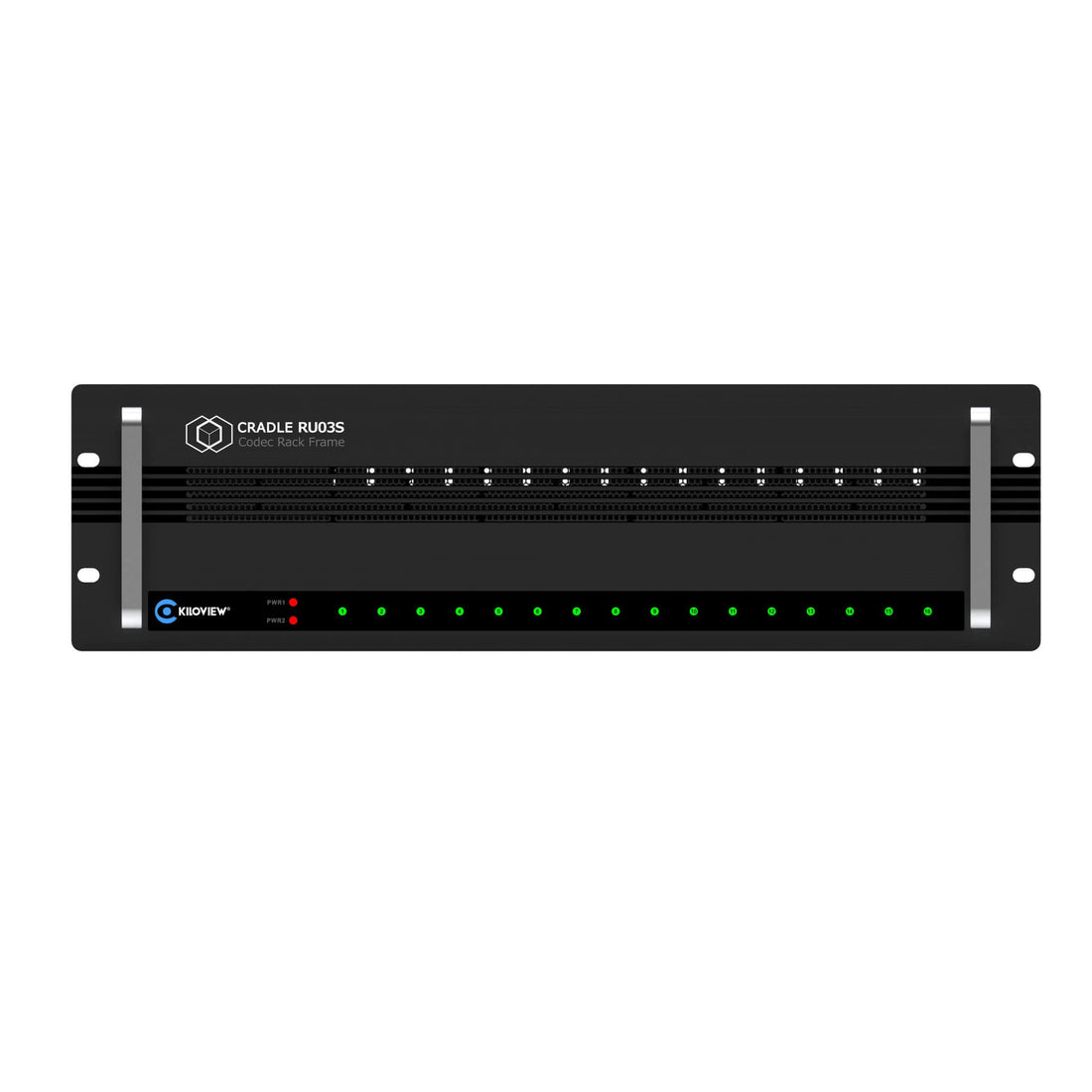 Kiloview RU03S 32-channel rackmount streaming encoder frame with dual 300W power supplies, 3RU size, front view. – image 4