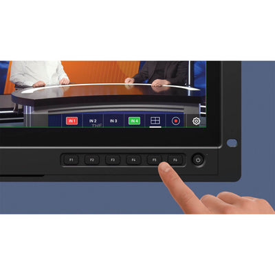 Atomos Shogun AV-19 rackmount 4K HDR monitor recorder switcher with case and control buttons in the image.