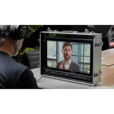 Atomos Shogun AV-19 rackmount 4K HDR monitor recorder switcher in protective case with handle, designed for professional video production.