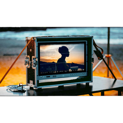 Atomos Shogun AV-19 rackmount 4K HDR monitor recorder switcher in protective case, designed for professional video production.