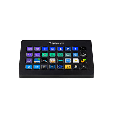 Elgato Stream Deck XL with various buttons on a white background