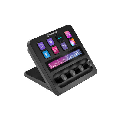 Stream Deck + device with colorful display and buttons on a white background