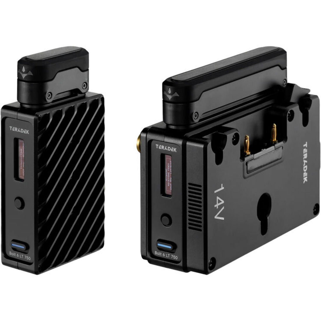Teradek Bolt 6 LT 750 wireless video transmitter and receiver kit with gold mount, showing rear right side of the device. – image 6