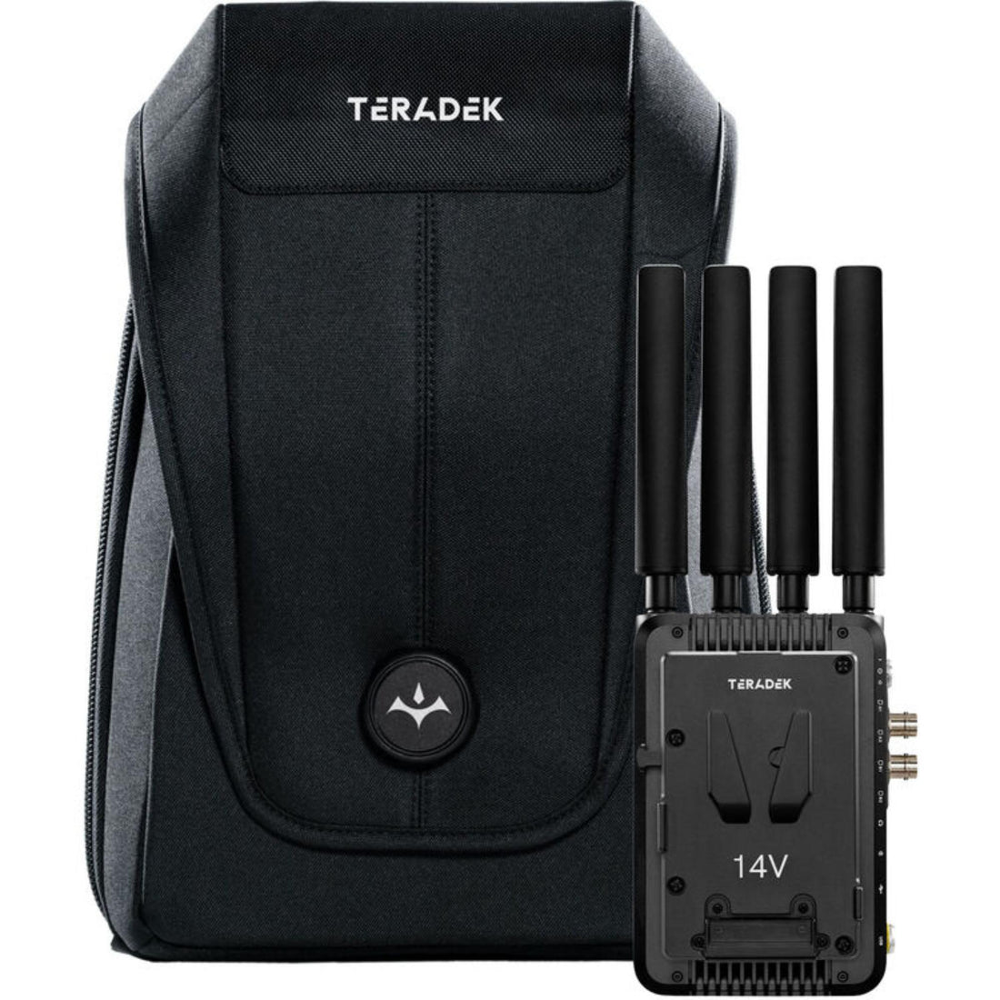 Teradek Prism Mobile Backpack with no modems, V-mount, for professional video transmitter setup, shown with straps and V-mount plate. – image 1