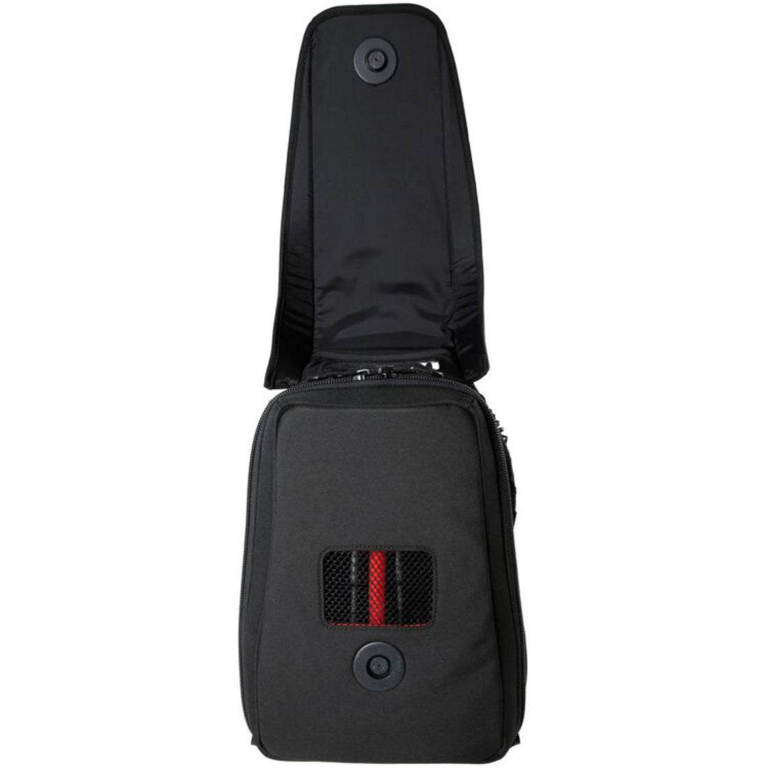 Open Teradek Prism Mobile backpack with no modems, showing compartments for video transmitter gear and V-mount accessories. – image 3
