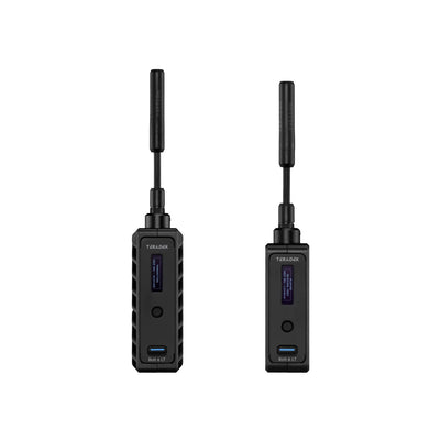 Two Teradek Bolt 6 LT 750 TX/RX with antennas on a white background