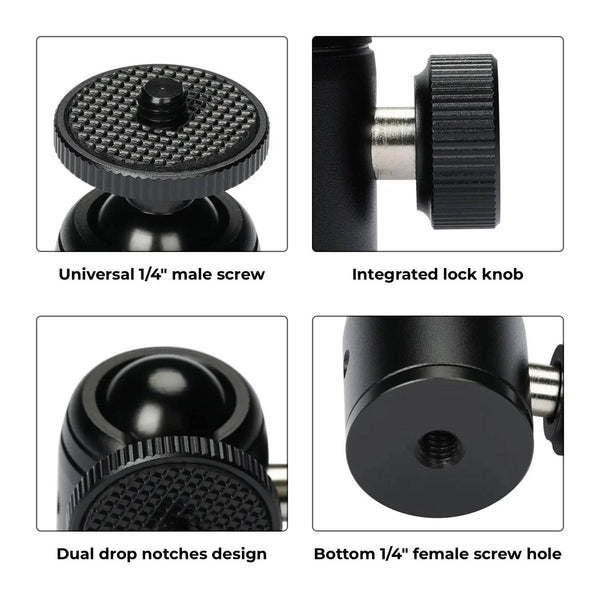 A compact mini ball head with a universal 1/4″-20 male screw, integrated lock knob, dual-notch ball design, and bottom 1/4″-20 female thread for stable, adjustable mounting on tripods and small stands. – image 2