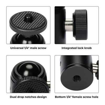 A compact mini ball head with a universal 1/4″-20 male screw, integrated lock knob, dual-notch ball design, and bottom 1/4″-20 female thread for stable, adjustable mounting on tripods and small stands.