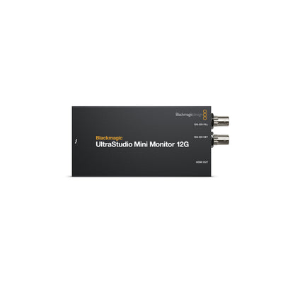 Blackmagic UltraStudio Mini Monitor 12G black box with SDI and HDMI output connectors on the right side, shown on a plain white background.