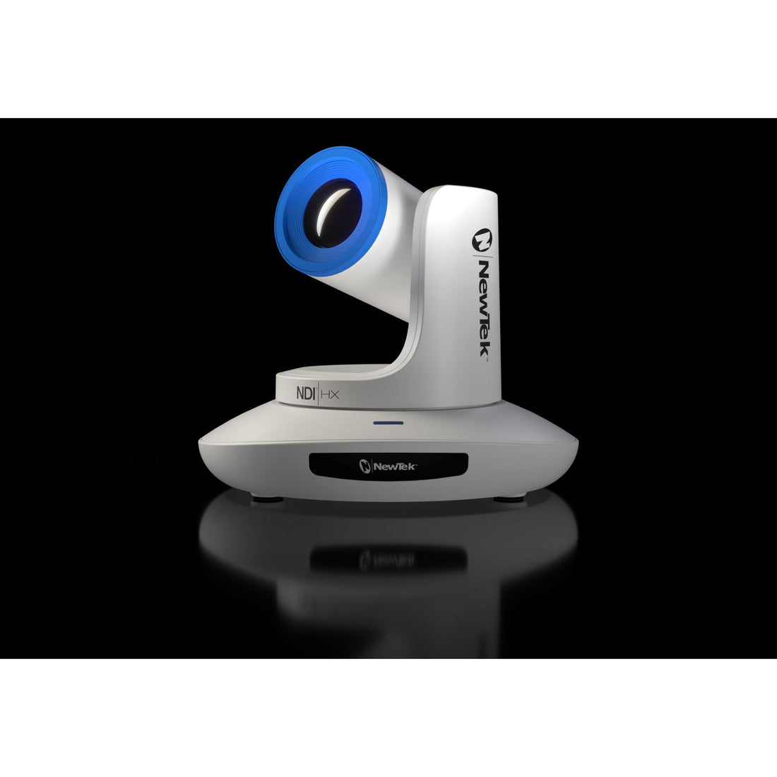 Vizrt NDI®|HX 20x PTZ3 camera in white, side view showing lens, pan-tilt functions, and sleek design for professional broadcasting. – image 5