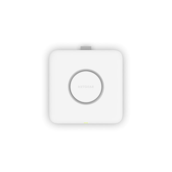 Netgear WBE758 Tri-Band WiFi 7 wireless access point with sleek top view showing antennas and design features. – image 1