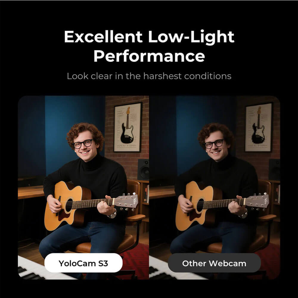 YoloLiv YoloCam S3 AI-powered 4K streaming camera showing low-light mode, with adjustable lens and compact design. – image 8