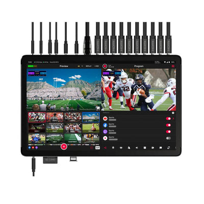 Monitor displaying sports event with multiple antennas on top, on a white background