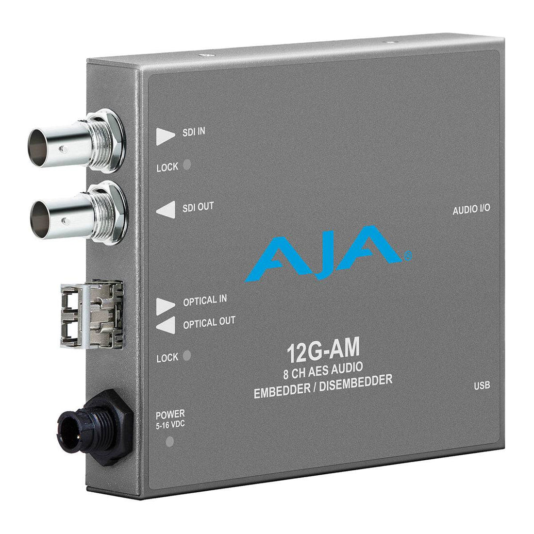 AJA 12G-AM-TR 8-channel AES audio embedder and disembedder video converter device with multiple ports and control features. – image 1