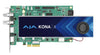 AJA KONA X video capture card shown from the side, featuring multiple input ports and a sleek black design.